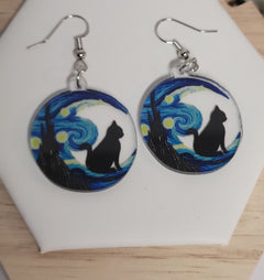 Van Gogh Starry Sky Moon with Black Cat Earrings