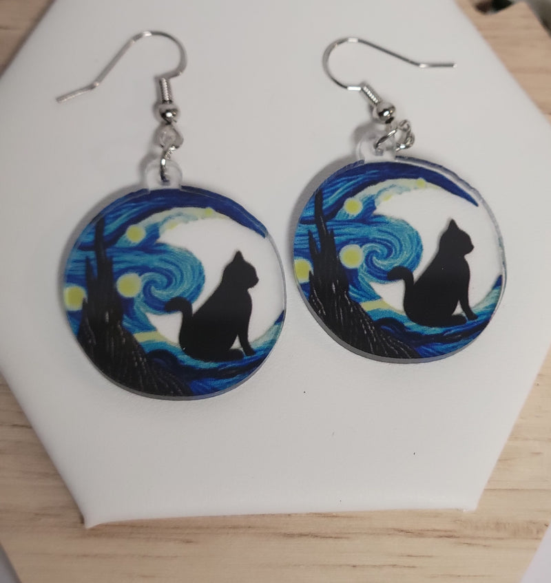Van Gogh Starry Sky Moon with Black Cat Earrings