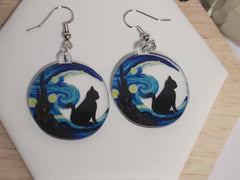 Van Gogh Starry Sky Moon with Black Cat Earrings