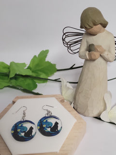 Van Gogh Starry Sky Moon with Black Cat Earrings