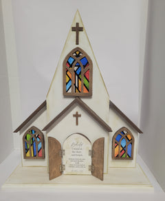 Handcrafted 19" Tall - Wooden Church with Opening Doors & Personalized Scripture One-of-a-Kind Christian Décor
