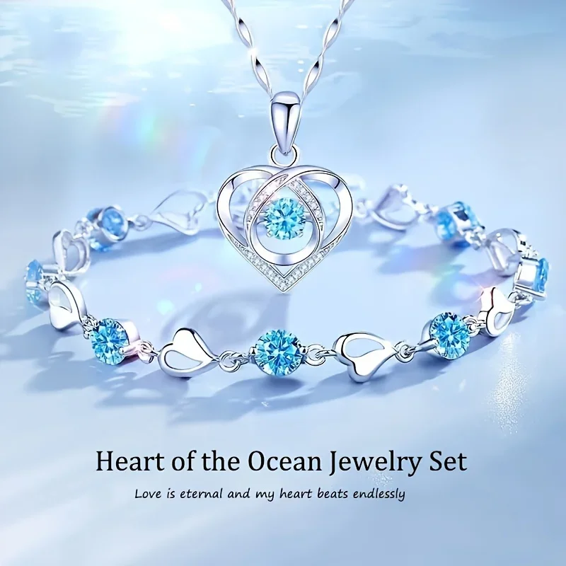 Blue Heart of The Ocean Jewelry Set - With Keepsake Blue Rose Jewelry Box