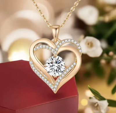 Beautiful Gold Double Heart Necklace w/Jewelry Box Gift Set