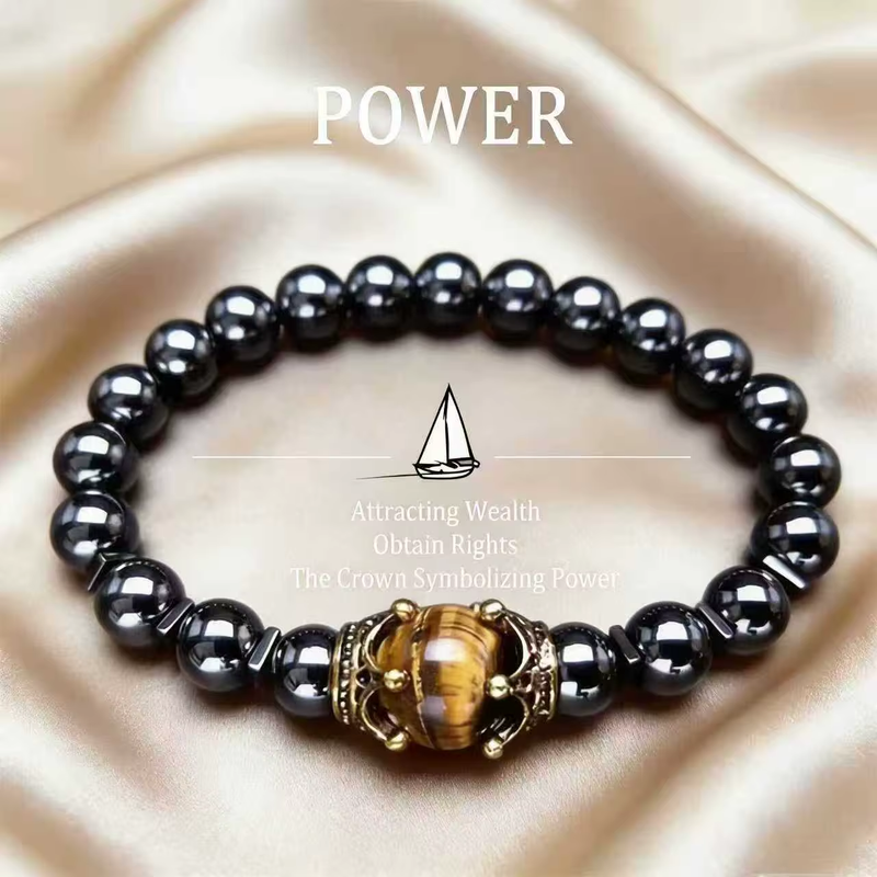 Stunning Men's Hematite Bracelet - Natural Stones and Crown Cap Design
