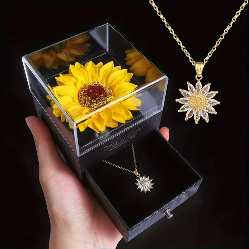Dazzling Sunflower Gift Set for Her – Jewelry Box with Crystal Pendant Necklace
