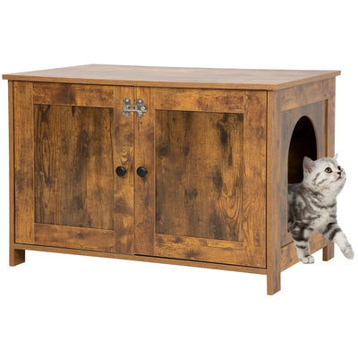 Cat Litter Box Enclosure - Cat Washroom Hidden Furniture with Side Entry, Scratcher, 2-Door Storage Cabinet, 2 Compartments