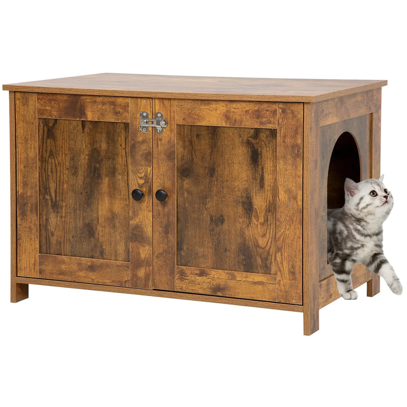 Cat Litter Box Enclosure - Cat Washroom Hidden Furniture with Side Entry, Scratcher, 2-Door Storage Cabinet, 2 Compartments