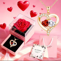 Gold Double Ruby Red Heart Necklace - Gift Set