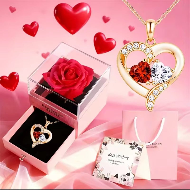 Gold Double Ruby Red Heart Necklace - Gift Set