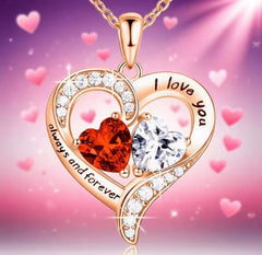 Gold Double Ruby Red Heart Necklace - Gift Set