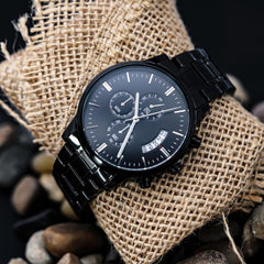 Create a Personal Message He Can Wear Every Day!  Our Black Chronograph Watch Is Engravable!