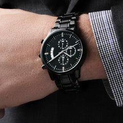 Create a Personal Message He Can Wear Every Day!  Our Black Chronograph Watch Is Engravable!