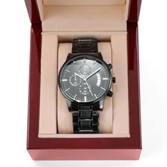 Create a Personal Message He Can Wear Every Day!  Our Black Chronograph Watch Is Engravable!