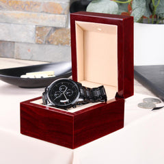 Create a Personal Message He Can Wear Every Day!  Our Black Chronograph Watch Is Engravable!