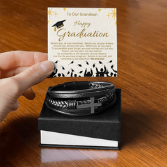 Give Him A Gift That Will Last Far Beyond Graduation! Our Men's Cross Leather Bracelet