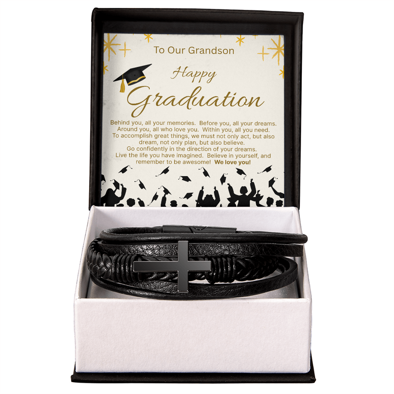 Give Him A Gift That Will Last Far Beyond Graduation! Our Men's Cross Leather Bracelet