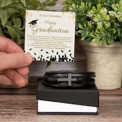 Give Him A Gift That Will Last Far Beyond Graduation! Our Men's Cross Leather Bracelet