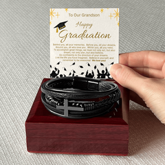 Give Him A Gift That Will Last Far Beyond Graduation! Our Men's Cross Leather Bracelet