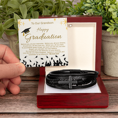 Give Him A Gift That Will Last Far Beyond Graduation! Our Men's Cross Leather Bracelet