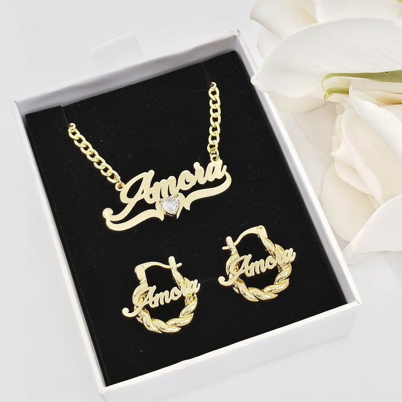 Custom Jewelry Gift Set – Name Necklace & Heart Birthstone Earrings